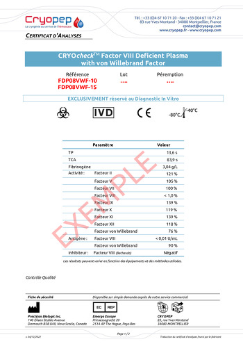 Certificat d'analyses CRYOcheck™ Factor VIII Deficient Plasma with VWF